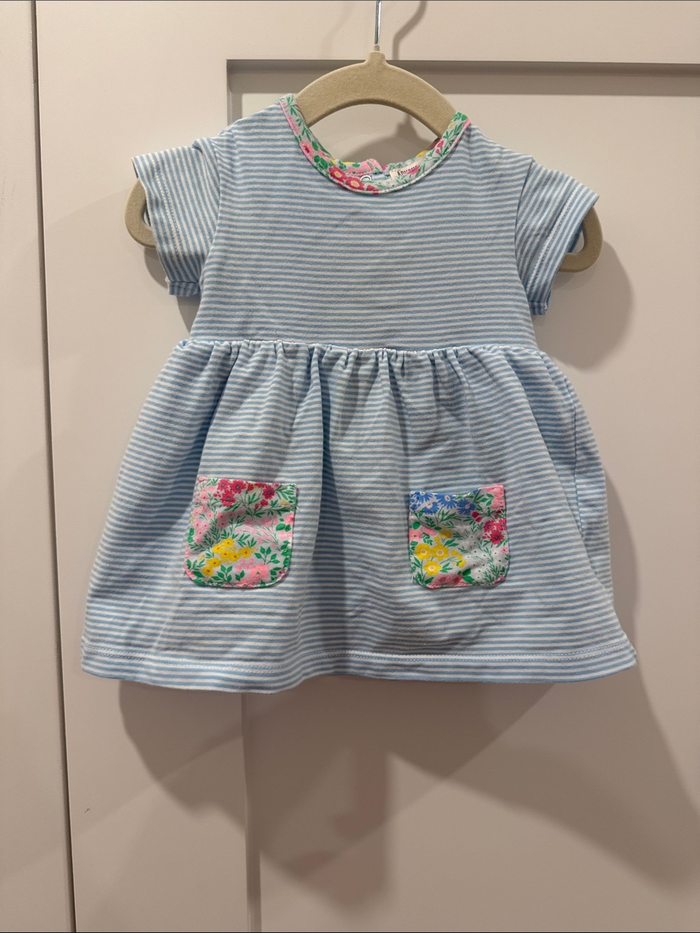 Toddler Blue Striped Casual Dress with Floral Pockets